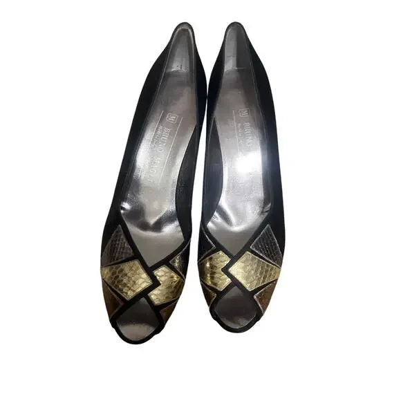 Vintage: Bruno Magli & Metallic Patchwork Peep Toe Pumps & Black Satin - Picture 4 of 6
